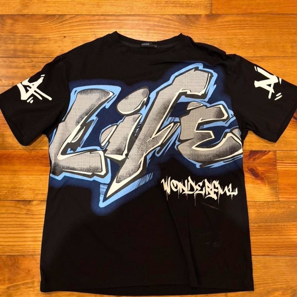Black Graphic Tee with Blue and Gray Design
